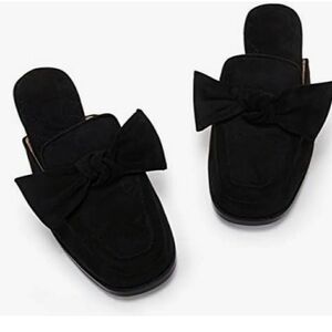 Coutgo Black Bow Knot Square Closed Toe Quilted Faux Suede Flat Mules Size 5.5